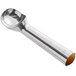 An aluminum ice cream scoop with a brown handle.