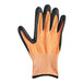 A pair of orange and black Mercer Culinary A4 level cut-resistant food processing gloves.