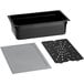 A black rectangular plastic food pan with a drain tray and lid.