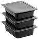 Three black Vigor plastic containers with secure sealing lids stacked on top of each other.