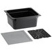 A black plastic container with a square bottom and a black plastic tray with a secure sealing cover.