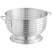 An aluminum colander with holes and base and handles.