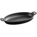 An oval black melamine casserole pan with two handles.