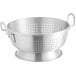 A silver aluminum colander with handles and holes.