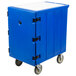 A navy blue Cambro mobile cart with wheels for food storage boxes.