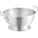 A silver aluminum Choice colander with a base and handles and holes.