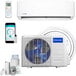 A white MRCOOL ductless mini-split heat pump system with a blue and white remote control.