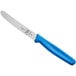 A Mercer Culinary paring knife with a blue handle and white blade guard.