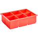 A red rectangular silicone ice mold with 6 cube compartments.