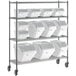 A metal rack with white Baker's Mark containers on wheels.