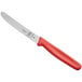 A close up of a Mercer Culinary paring knife with a red handle.