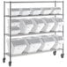 A metal rack with white Baker's Mark bins with clear lids.