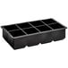 A black silicone rectangular ice mold tray with eight cube compartments.