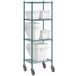 A green metal shelving unit with white clip-in bins on each shelf.