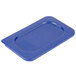 A blue plastic food pan lid with a clear top on a blue plastic food pan.