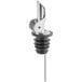 A Tablecraft stainless steel liquor pourer with a black cap.
