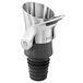 An OXO stainless steel wine pourer and stopper with a black handle.