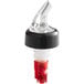 A clear TableCraft liquor pourer with a black collar and red spout.