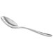 An Acopa Pangea stainless steel demitasse spoon with a distressed silver handle.