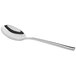 An Acopa stainless steel bouillon spoon with a black handle.