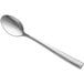An Acopa Petra stainless steel demitasse spoon with a distressed silver handle.