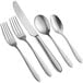 Acopa Pangea 18/8 stainless steel flatware set with a spoon, fork, and knife.