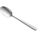 An Acopa Petra stainless steel dinner/dessert spoon with a distressed silver handle.