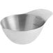 A silver stainless steel bowl with a handle.