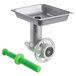 A metal meat grinder attachment with a green handle.