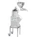 A Robot Coupe CL55 food processor on a metal stand with wheels and a funnel.