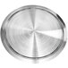 A silver circular metal plate with a circular pattern.