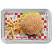 A tray with a hamburger and fries lined with an EcoChoice white deli wrap.