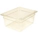 A Cambro amber plastic food pan with a lid on it.