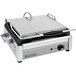 A Eurodib stainless steel rectangular electric Panini grill with a lid and grooved plates.