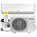 A Pioneer white wall-mounted ductless mini split air conditioner with a remote control with green buttons.