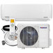 A white Pioneer ductless mini split AC/heat pump with a black remote control.