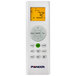 The white Pioneer remote control for a ceiling cassette mini split with green buttons.