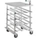 A metal Garde can rack with wheels and a stainless steel top.