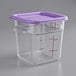 A clear polycarbonate food storage container with a purple lid.