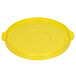 A yellow plastic lid with a handle for a Continental 32 gallon round trash can.