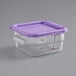 A Vigor clear plastic food container with a purple lid.