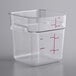 A clear square plastic container with red measuring scale.