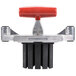 A red and black Vollrath Redco Wedge T-Pack clamp with a red handle.