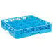 A blue plastic Carlisle cup rack with 20 compartments tilted to the side.