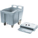 A grey plastic Cambro mobile ice bin with a sliding lid.
