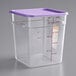 A Vigor clear polycarbonate food storage container with a purple lid.