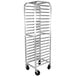 A stainless steel Advance Tabco steam table pan rack with wheels.