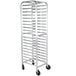An Advance Tabco metal steam table pan rack with wheels.