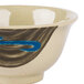 A white Thunder Group melamine bowl with a blue stripe and black design.
