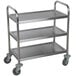 A Choice stainless steel three shelf utility cart with wheels.